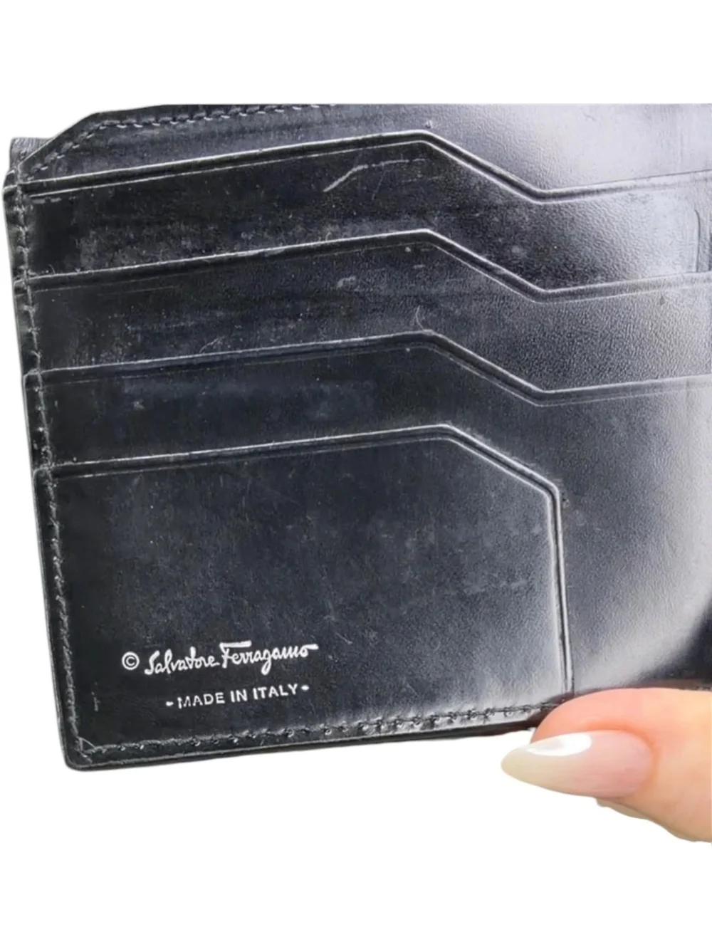 Salvatore Ferragamo Black Leather Bifold Wallet Silver Logo Made in Italy Men’s